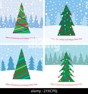 Set of four Christmas tree with bright toys in the forest in snowy weather. Vector illustration Stock Vector