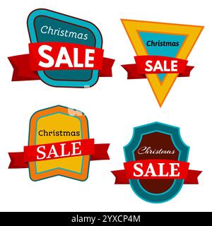 Four colorful Christmas Sale badges on white background. Vector illustration. Stock Vector