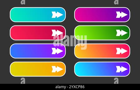 Colorful gradient buttons with arrows. Set of eight modern abstract web buttons. Vector illustration Stock Vector