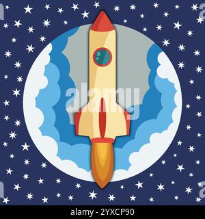 Space rocket ship in round piece. Space rocket launch. Project startup and development process concept. The rocket flies upwards. Stock Vector