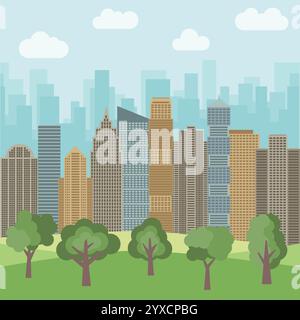 City park in the background of skyscrapers. Vector illustration Stock Vector