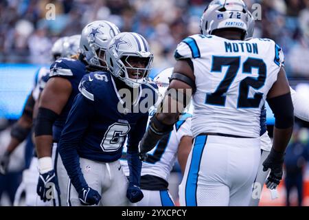 Charlotte, NC, USA. 15th Dec, 2024. Dallas Cowboys safety Donovan Wilson (6) celebrates during the second quarter against the Carolina Panthers in the NFL matchup in Charlotte, NC. (Scott Kinser/CSM). Credit: csm/Alamy Live News Stock Photo