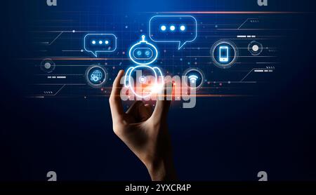 Virtual Assistant. Hand touching chatbot robot icon on digital screen, creative design Stock Photo