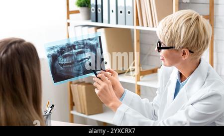 Disease treatment concept. Woman shows patient problem Stock Photo