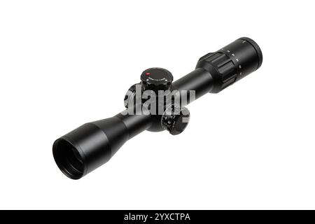 A black rifle scope with adjustment knobs, a sleek design, and clear markings, isolated on a white background, ideal for hunting or tactical use. Stock Photo