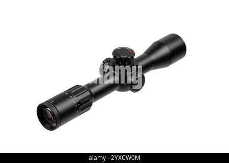 A black rifle scope with adjustment knobs, a sleek design, and clear markings, isolated on a white background, ideal for hunting or tactical use. Stock Photo