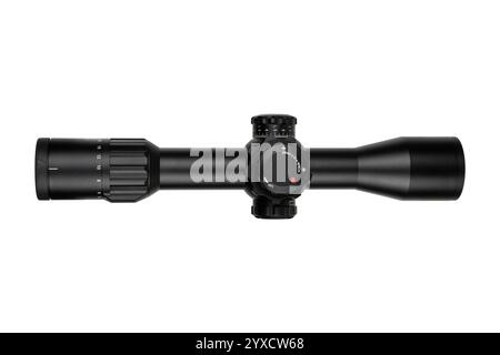 A black rifle scope with adjustment knobs, a sleek design, and clear markings, isolated on a white background, ideal for hunting or tactical use. Stock Photo