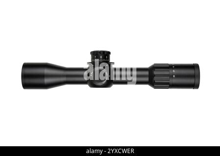 A black rifle scope with adjustment knobs, a sleek design, and clear markings, isolated on a white background, ideal for hunting or tactical use. Stock Photo