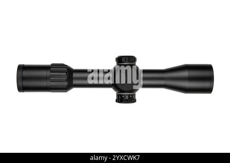 A black rifle scope with adjustment knobs, a sleek design, and clear markings, isolated on a white background, ideal for hunting or tactical use. Stock Photo