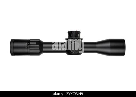 A black rifle scope with adjustment knobs, a sleek design, and clear markings, isolated on a white background, ideal for hunting or tactical use. Stock Photo