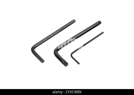 Three different sizes of L-shaped hex keys, also known as Allen wrenches, are displayed against a white background, commonly used for driving bolts an Stock Photo