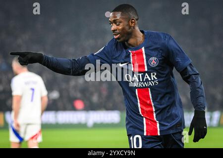 Paris, France, France. 15th Dec, 2024. Ousmane DEMBELE of PSG celebrates his goal during the Ligue 1 match between Paris Saint-Germain (PSG) and Olympique Lyonnais (OL) at Parc des Princes Stadium on December 15, 2024 in Paris, France. (Credit Image: © Matthieu Mirville/ZUMA Press Wire) EDITORIAL USAGE ONLY! Not for Commercial USAGE! Stock Photo