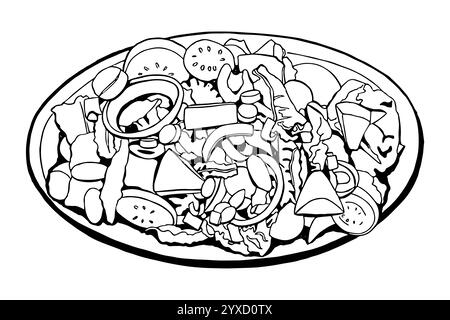 Vegetable salad in graphic style. Lettuce, cherry tomatoes, cucumbers, peppers. Vector bowl food. Sketch botanical illustration. Eco healthy food. Sup Stock Vector