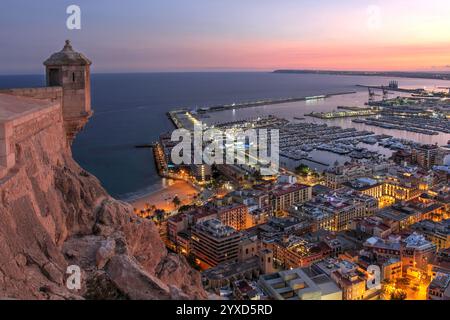 Aerial sunset view over Alicante harbour from the Castle of Santa Barbara, Spain Stock Photo