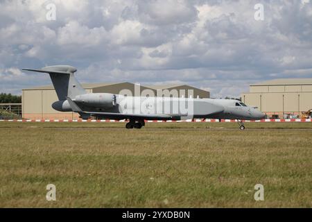 MM62303 (14-12), a Gulfstream E-550A operated by the Italian Air Force (Aeronautica Militare), departing from RAF Fairford in Gloucestershire, England, after participating in the Royal International Air Tattoo 2023 (RIAT23). Stock Photo