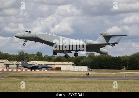 MM62303 (14-12), a Gulfstream E-550A operated by the Italian Air Force (Aeronautica Militare), departing from RAF Fairford in Gloucestershire, England, after participating in the Royal International Air Tattoo 2023 (RIAT23). Stock Photo