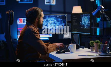 Developer updating artificial intelligence neural networks, typing on computer keyboard and drinking coffee. Freelancing IT expert writing AI code, training machine learning, listening music Stock Photo