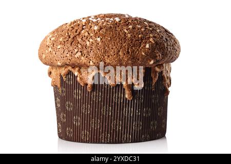 Christmas Italian cake panettone, soft traditional sweet bread with nuts, raisins and chocolate on festive black background Stock Photo