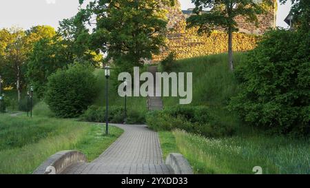 A cobbled pathway winds through lush greenery, leading upstairs to ancient stone castle ruins on the hill. The scene is illuminated by soft evening li Stock Photo