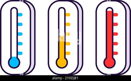 Thermometer line icons in simple cartoon. Blue (cold), red (hot) and yellow (normal) Vector clip art illustration. Stock Vector