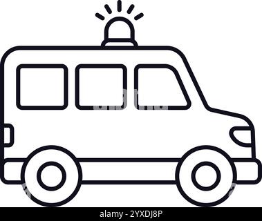 Ambulance or police van with flashing roof light, black and white line icon. Simple cartoon style. Vector clip art illustration. Stock Vector