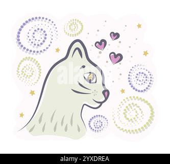 Cute magical cat in profile, swirls, spirals, hearts and stars in the sky on a background, light colorful vector illustration, post-impressionist art Stock Vector