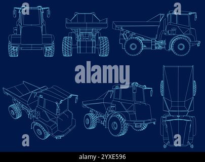Set Vector dump truck template for car branding and advertising. Tipper truck set on blue background. View from side, front, back, top, isometric. Stock Vector