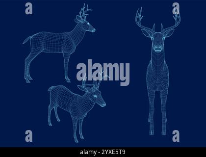 Set with wireframe deer of blue lines on a dark background. Side, front and isometric view. 3D. Vector illustration Stock Vector