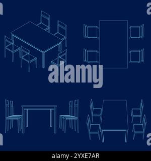 Dinner and Cafe Table with Chairs Clipart Set - Outline, Vector illustration Stock Vector
