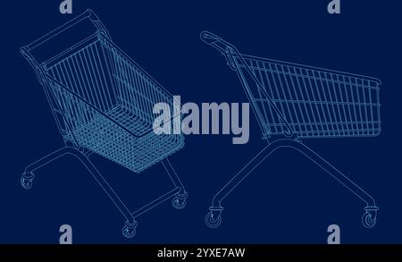 Shopping cart contour. Isometric, side view. Vector illustration Stock Vector