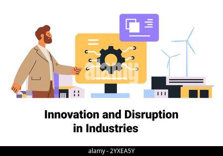 Businessman with digital gear screen technology innovation wind turbines industrial buildings modern layout Stock Vector