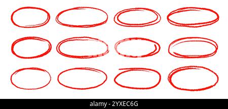 Hand drawn red highlight oval frame shape set. Doodle crayon pencil, marker brush stroke oval underline element pack. Hand drawn pencil stroke sketch marker vector illustration Stock Vector