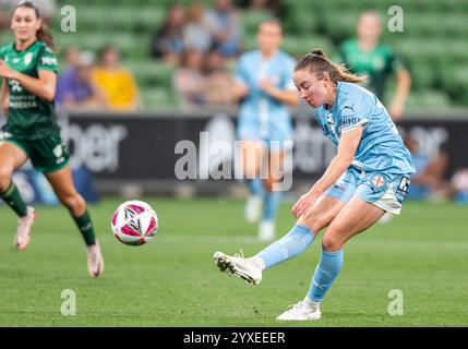 Melbourne, Australia. 15th Dec, 2024. Melbourne City's Laura Hughes seen in action during the A-Leagues Women round 6 match between Melbourne City FC and Canberra United FC held at AAMI Park. Final score: Melbourne City 4:2 Canberra United Credit: SOPA Images Limited/Alamy Live News Stock Photo