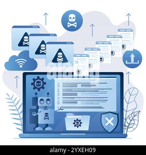 Virus bot hacker. Network piracy danger. Robot develop program code and creates a computer virus. Spam mailing,malware and pirate attack artificial in Stock Vector