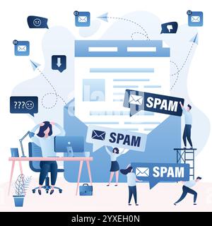 Big email letter and unhappy businesswoman on workplace. Spamming and hacking attack. Malware, phishing concept background. Tiny humans characters hol Stock Vector