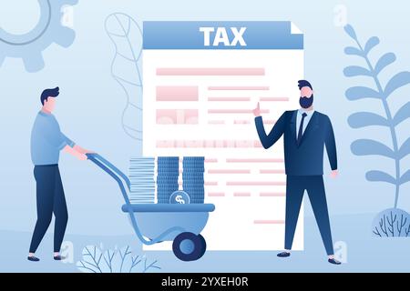 Tax form document,businesspeople pay taxes. Man employee rolls cart with money and documentation. Corporate Governance and Taxation. Male character in Stock Vector