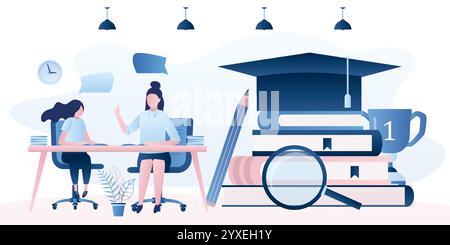 Home schooling concept. Exam preparation banner. Woman tutor and girl teenager student. Female teacher at the desk teaches child. Pile of books,gradua Stock Vector