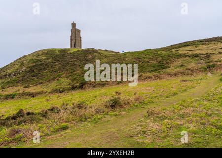 View of Milner's Tower and Bradda Head on a cloudy day, near Port Erin, Isle of Man Stock Photo