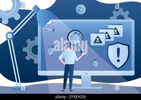 Pirate attack,spamming, virus emails. Network piracy danger. Errors on monitor screen, male system administrator searches and deletes infected files. Stock Vector