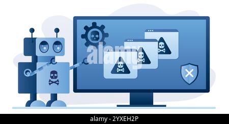 Virus bot robot hacker. Network piracy danger. Errors on monitor screen. Pirate attack artificial intelligence concept. Flat horizontal banner in tren Stock Vector