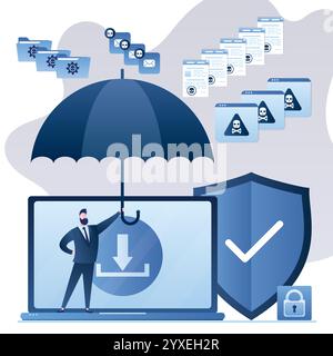 Businessman hold umbrella, laptop with virus protector and safe shield. Protection against hacker attacks and spam mailings. Handsome male character. Stock Vector
