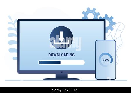 Downloading files on pc or smartphone. Software page on monitor and mobile app, download system update concept. Update operation system. Trendy blue c Stock Vector