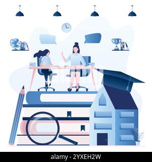 Home schooling or online education concept. Exam preparation banner. Woman tutor and female teen student. Teacher or mother teaches child. Pile of boo Stock Vector