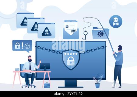 Data protection, computer with effective antivirus. Spamming, virus infected files and emails. Hacker attack, Pirate Virus bot. Network piracy danger. Stock Vector
