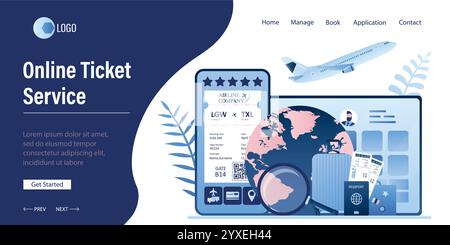 Online Ticket service landing page template. Mobile gadgets with travel applications. Search and booking air tickets. Baggage, globe and magnifying gl Stock Vector