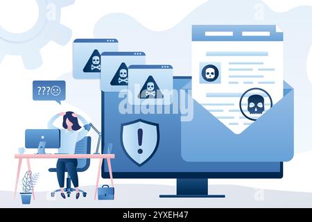 Spamming, virus infected files and emails. Virus bot. Network piracy danger. Errors on monitor screen and unhappy woman employee on workplace. Pirate Stock Vector