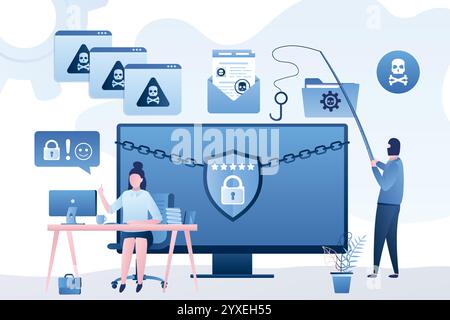 Data protection, computer with effective antivirus. Spamming, virus infected files and emails. Hacker attack, Pirate Virus bot. Network piracy danger. Stock Vector