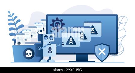 Virus bot robot hacker. Network piracy danger. Errors on monitor screen. Pirate attack artificial intelligence concept. Folder with virus files. Flat Stock Vector
