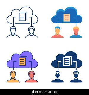 Cloud collaboration icon set in flat and line style. File sharing, document co-editing. Vector illustration Stock Vector
