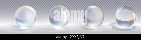 Glass ball 3D collection on transparent background with light reflection and rainbow refraction effects. Realistic white spheres with optical distortion for graphic design and gaming assets. Stock Vector